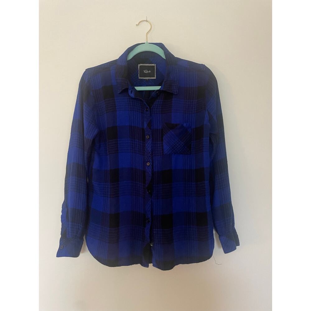 Rails women's Hunter button-down shirt in a blue and black plaid pattern sz L